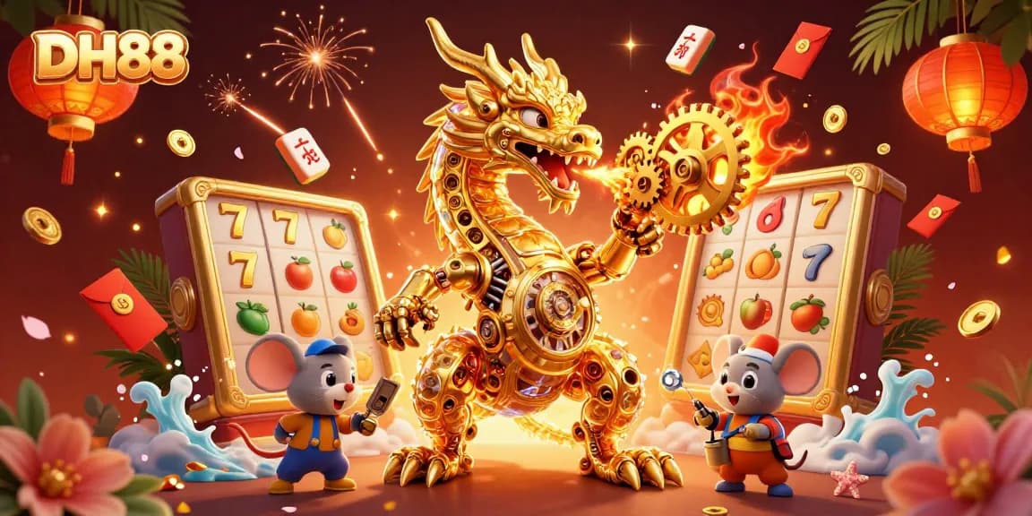 Experience thrilling gameplay at DH88 with a golden dragon, slot reels, and festive decorations.