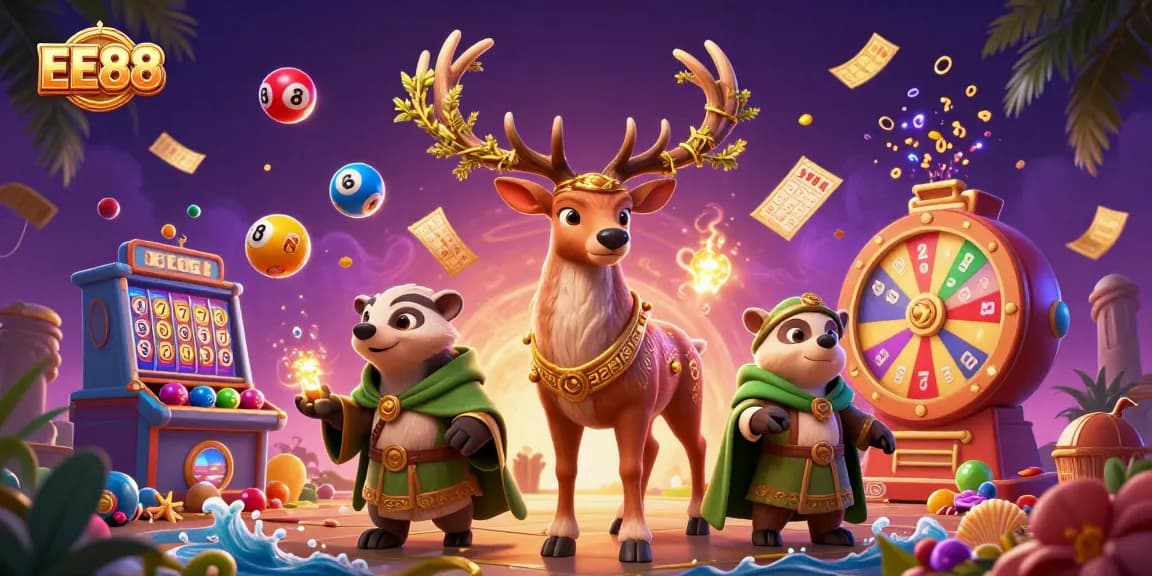 Engage in thrilling gameplay with EE88 featuring a cartoon stag and badger amid vibrant casino visuals.