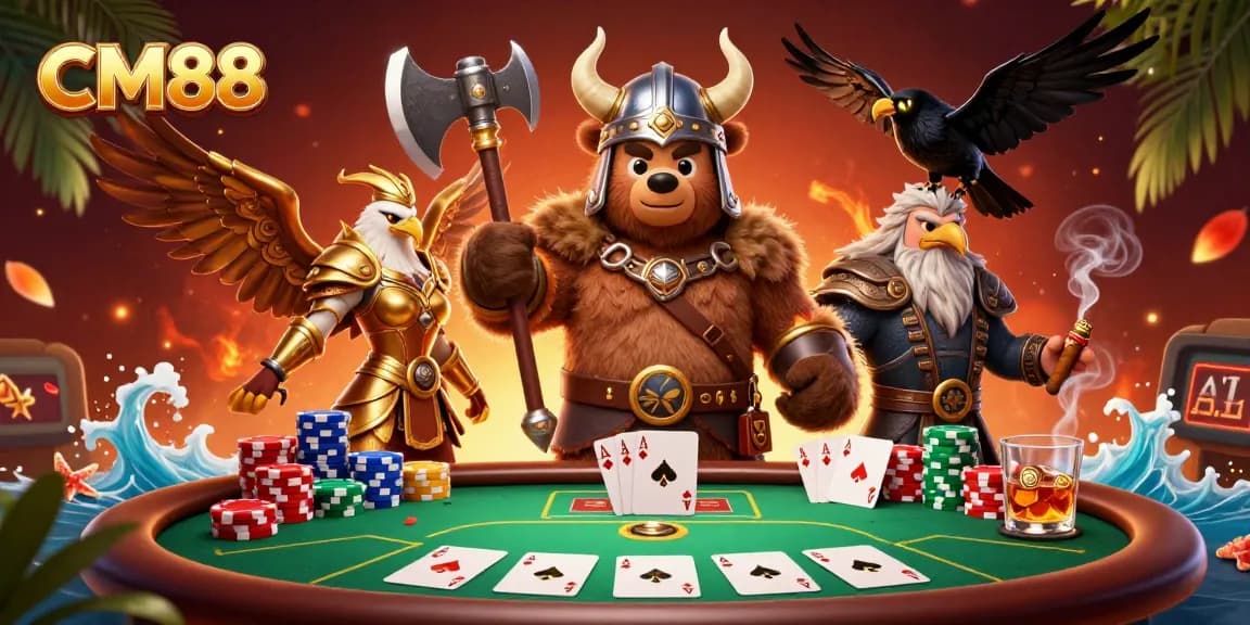 Experience the excitement of CM88 with a vibrant poker scene featuring a Viking bear and Valkyrie.