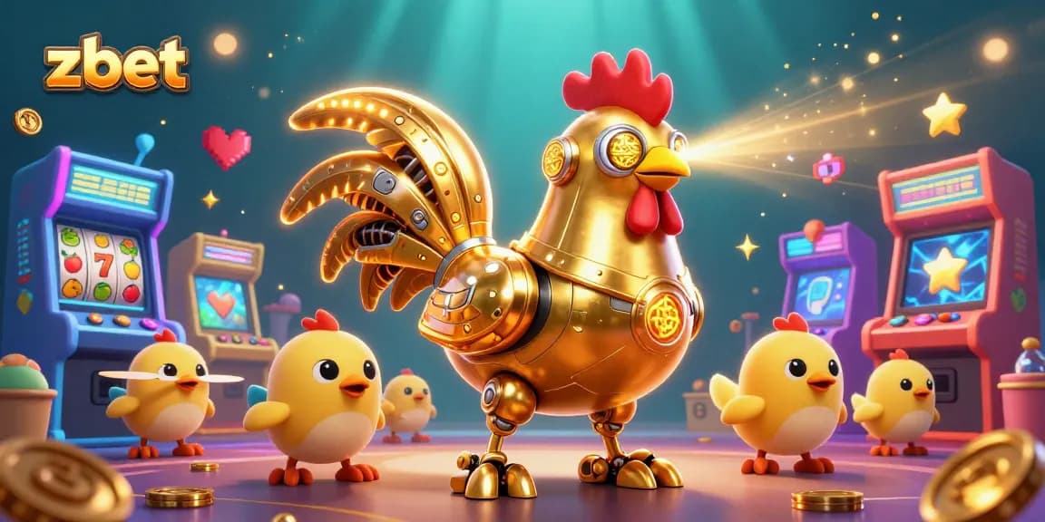 Experience the zbet adventure with a futuristic golden rooster robot and baby chick drones amidst vibrant casino elements.