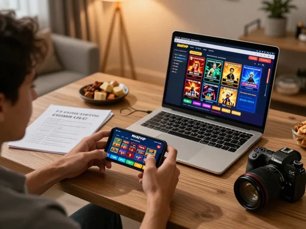 Engaged player navigating the NHATVIP app on their smartphone in a modern home setting.