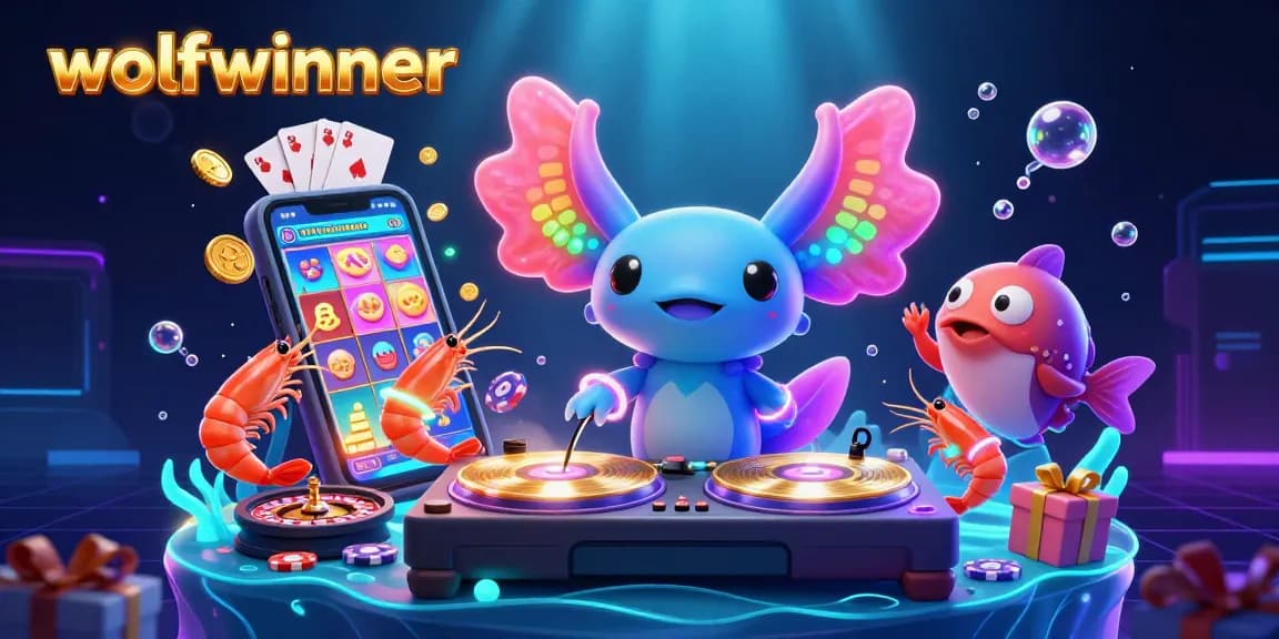 Experience vibrant gaming with wolfwinner's neon-themed casino adventure featuring a DJ axolotl and lively sea creatures.