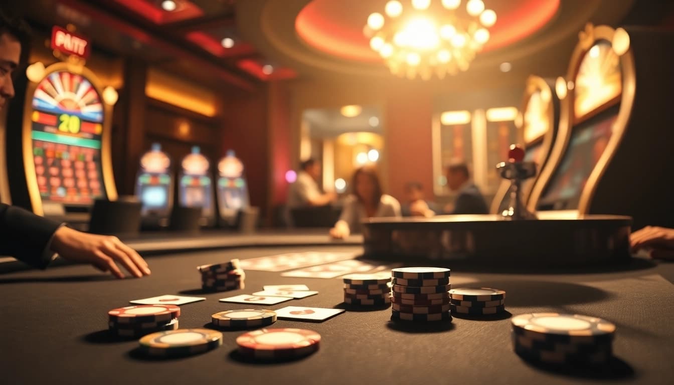 Players enjoying 68 game bài at a luxurious casino table with poker chips and cards.