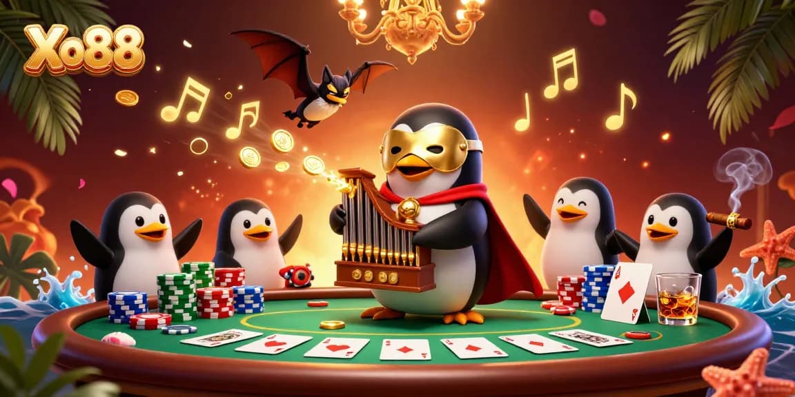 Xo88 showcases a vibrant casino scene with a phantom penguin amidst golden coins and poker elements.