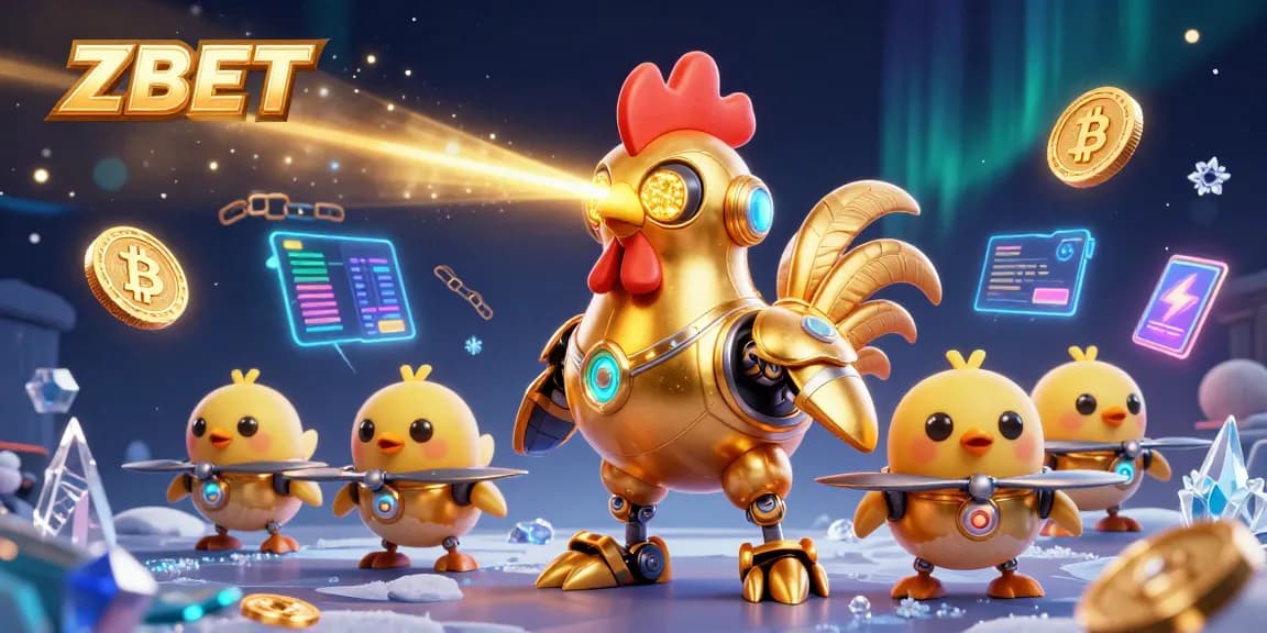 ZBET showcases a dynamic 3D illustration of a futuristic rooster robot and baby chick drones in a vibrant crypto casino setting.