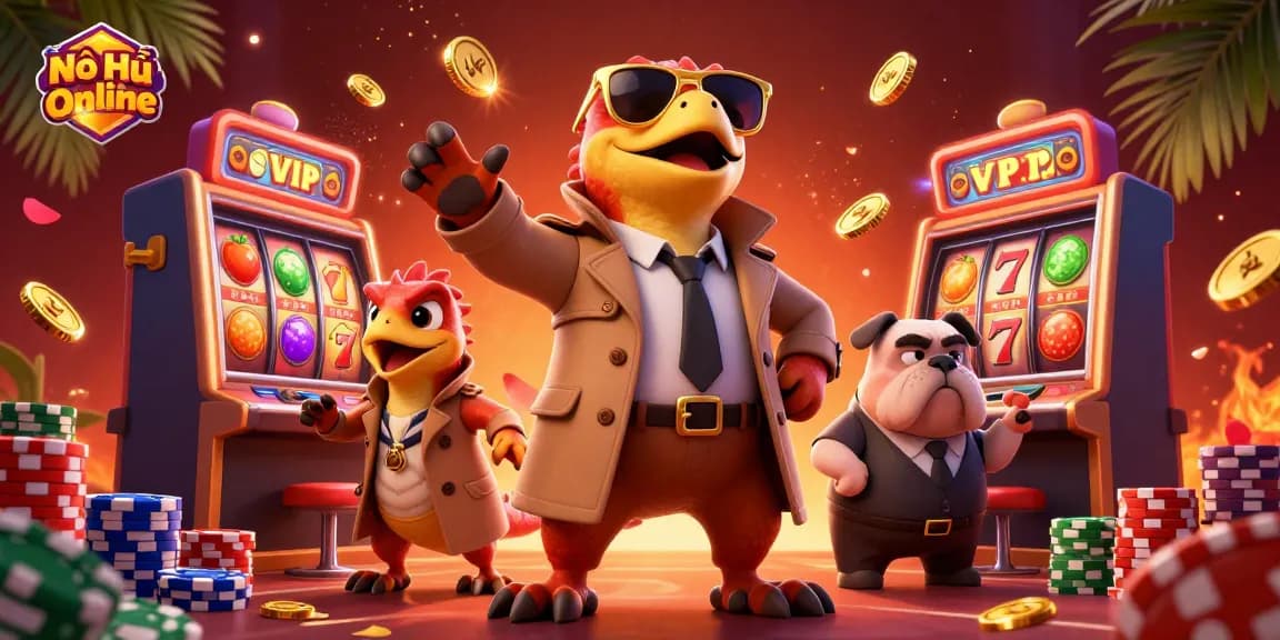 Nổ Hũ Online captures dynamic slot gaming action with raptors in a trench coat at a VIP casino entrance.