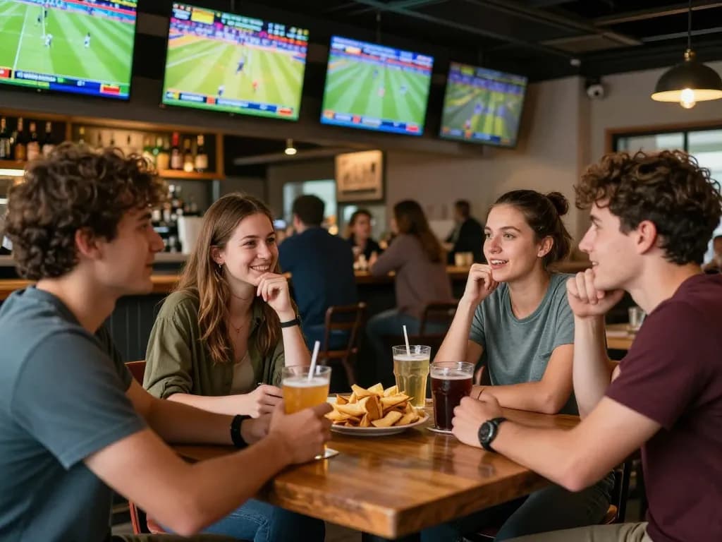 Friends engaging in dynamic sports betting at mb66-t, enjoying live games in a vibrant bar.