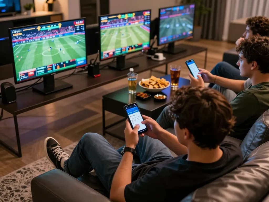 Kuwin users engaging in dynamic sports betting on multiple devices during a home viewing party