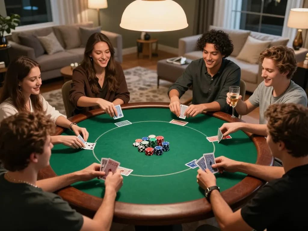 Friends enjoying an exciting poker game night at home, focusing on the competitive atmosphere and strategy, 88betcom featured