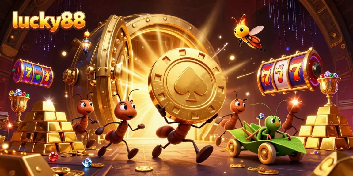 Experience thrilling wins with lucky88 as colorful characters raid a casino treasure in this lively 3D scene.