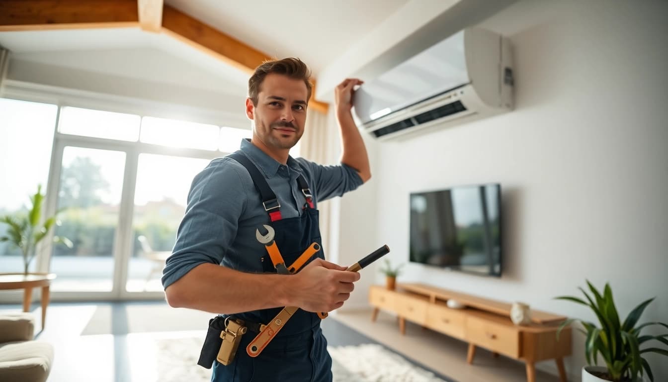 AC Repair Tampa service technician performing repairs on modern air conditioning unit.