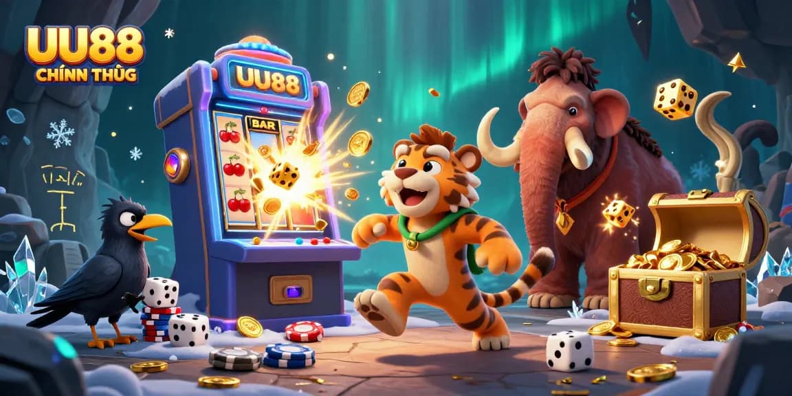 UU88 CHÍNH THỨC features a dynamic scene of prehistoric casino fun with a caveman and tiger duo.