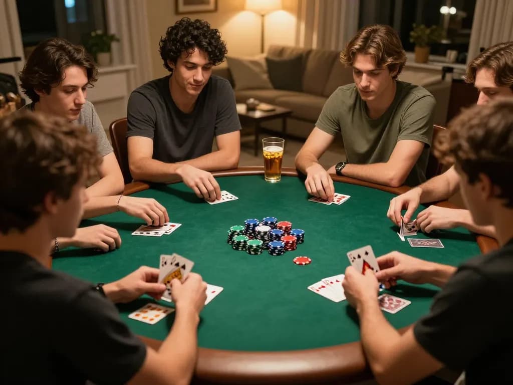 Friends playing poker at home table while strategizing, showcasing KP88 gaming atmosphere.
