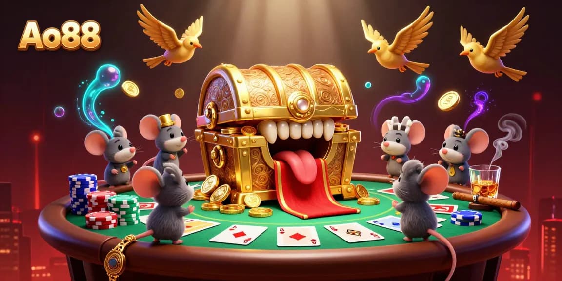 Experience vibrant adventure with Ao88's golden gaming treasures, poker chips, and thrilling gameplay.