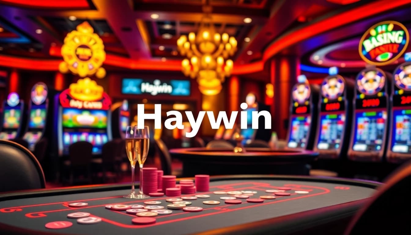Experience the thrill of Haywin casino as players engage at a vibrant poker table surrounded by slot machines.