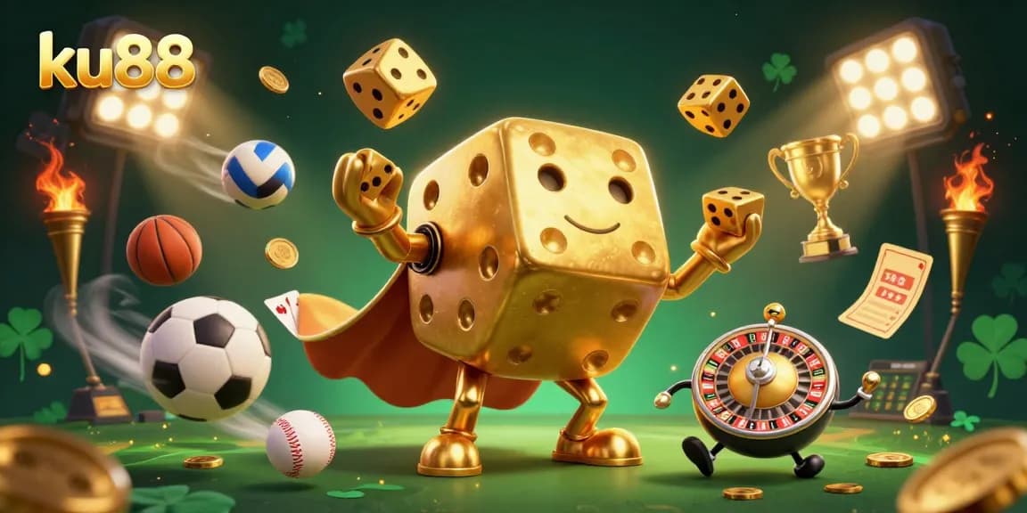 ku88 promotes gaming excitement with a vibrant illustration of a golden dice golem and dynamic sports elements.