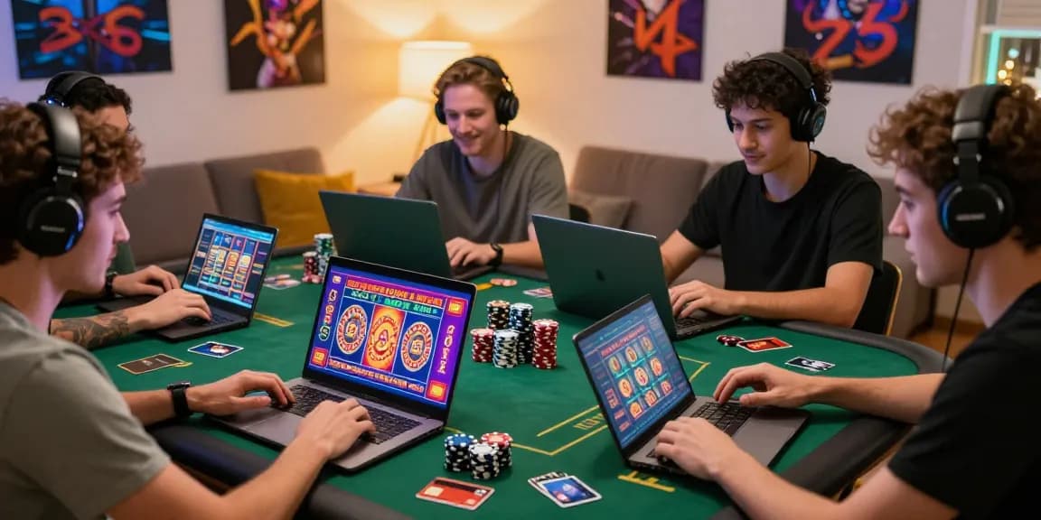 Highlighting the vibrant gaming atmosphere at credit card casinos, showcasing players using laptops and credit cards at https://fimltd.co.uk.