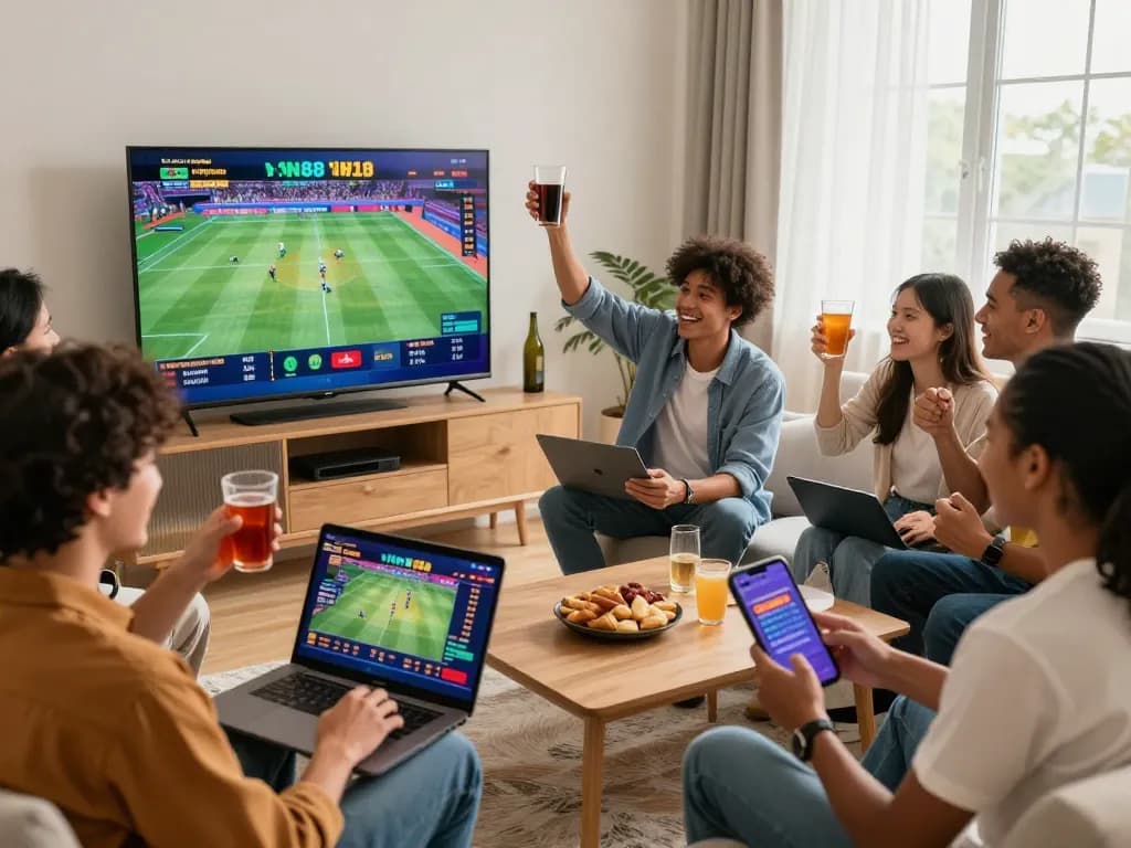Exciting online gambling experience on VN88 with players enjoying sports betting and casino games in a vibrant living room.