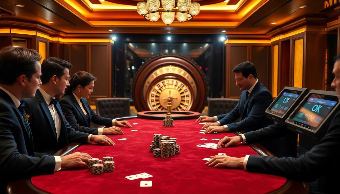 Engaging players enjoy an intense poker game at OK FUN casino, surrounded by luxury and excitement.
