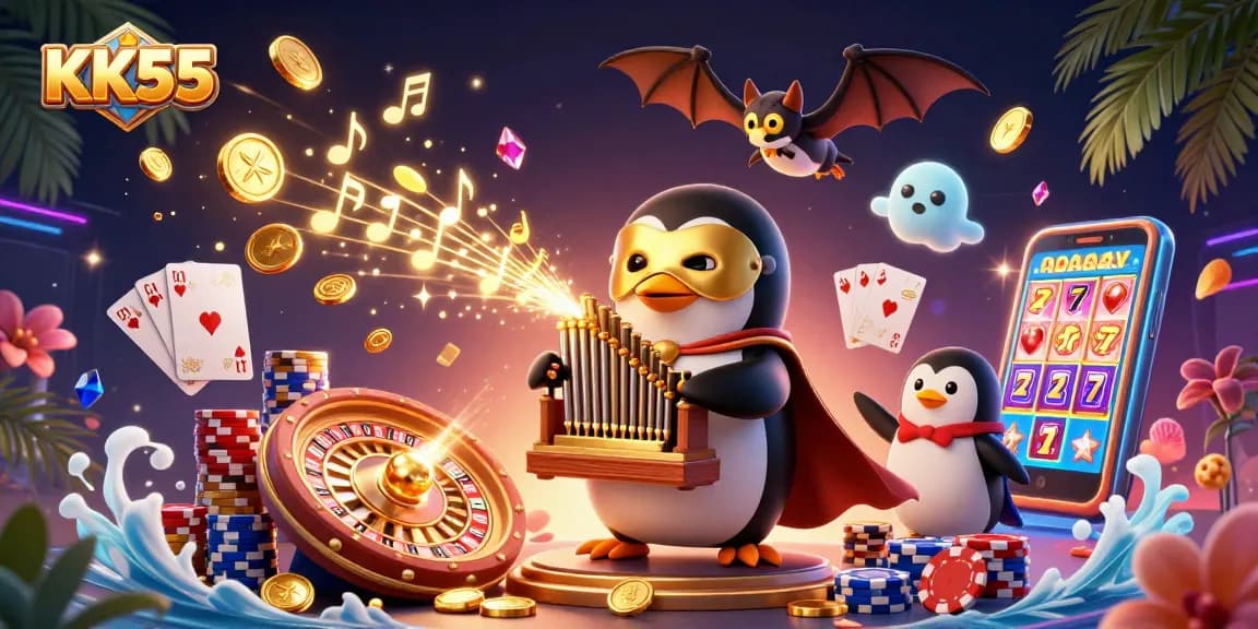 Experience thrilling gaming excitement at KK55 with colorful casino elements and energetic characters.
