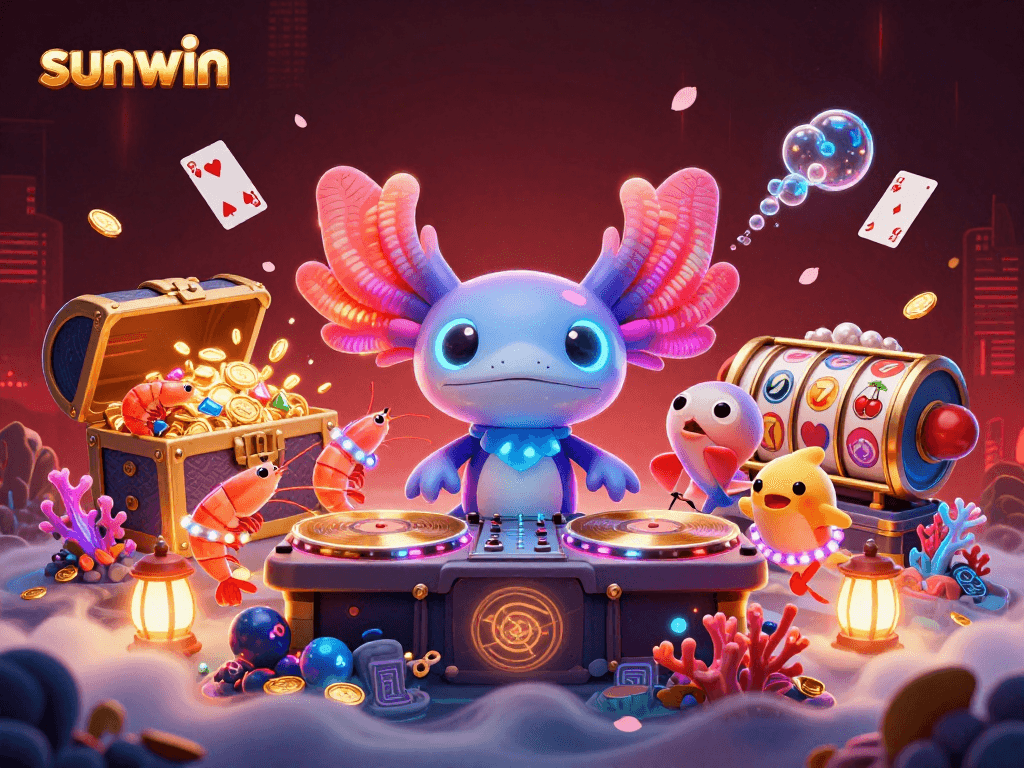 Engage with sunwin's vibrant casino atmosphere featuring a neon axolotl DJ and dancing sea creatures.