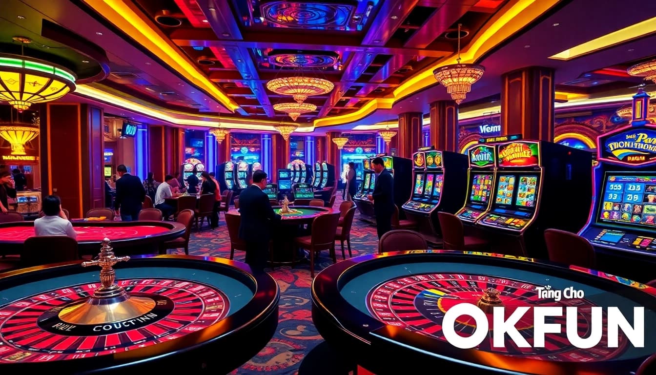 Action at the gambling tables showcasing Trang Chủ OKFUN with players enjoying poker and casino games.