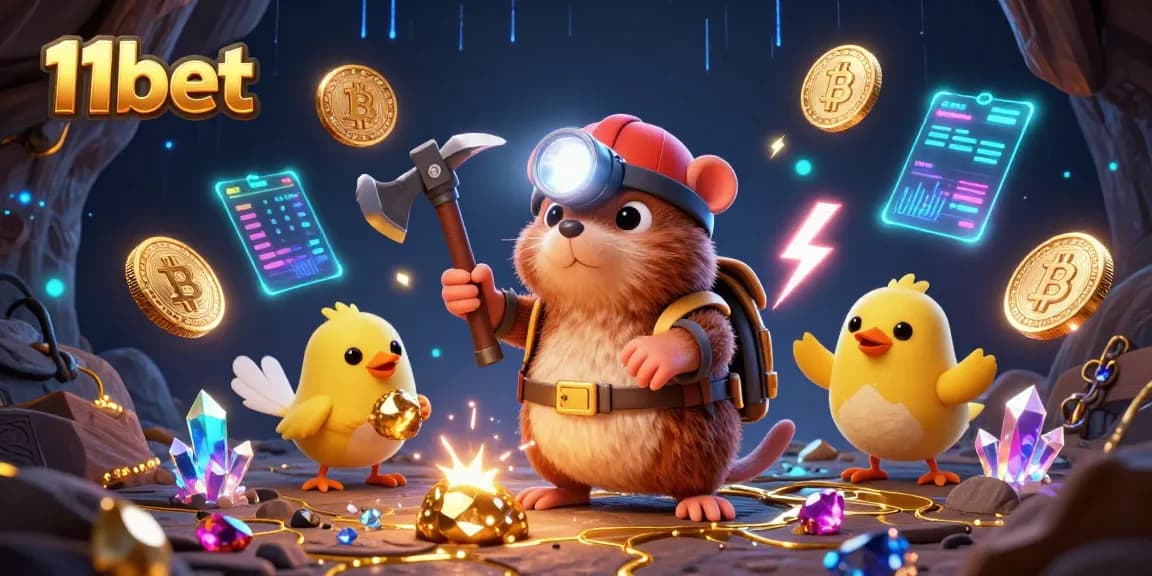 Win big with 11bet in this vibrant 3D illustration showcasing an adventurous mole and crypto elements.