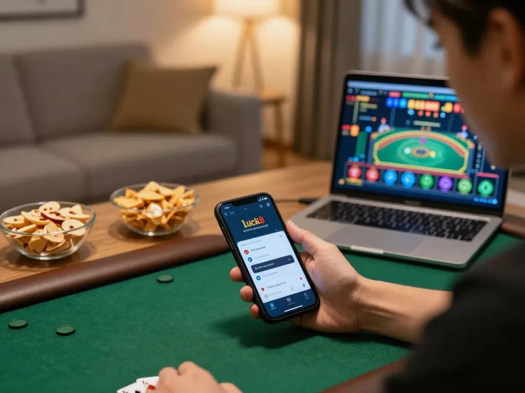 Playing online poker with luck8 đăng nhập on mobile device in a cozy living room setting