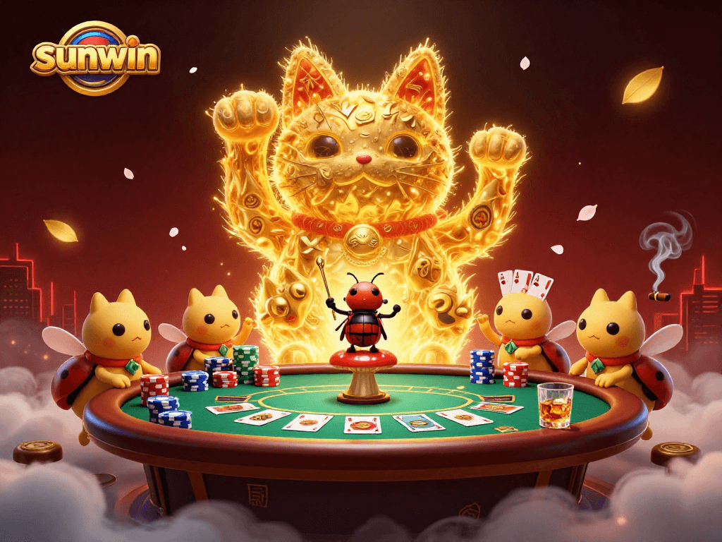 Win big with sunwin's vibrant casino scene featuring a lucky cat and poker elements.