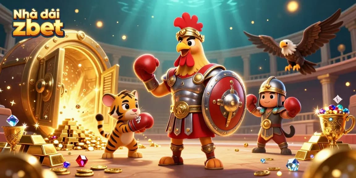 Experience the thrill of Nhà cái zbet with vibrant 3D characters and casino treasures in a colosseum arena.