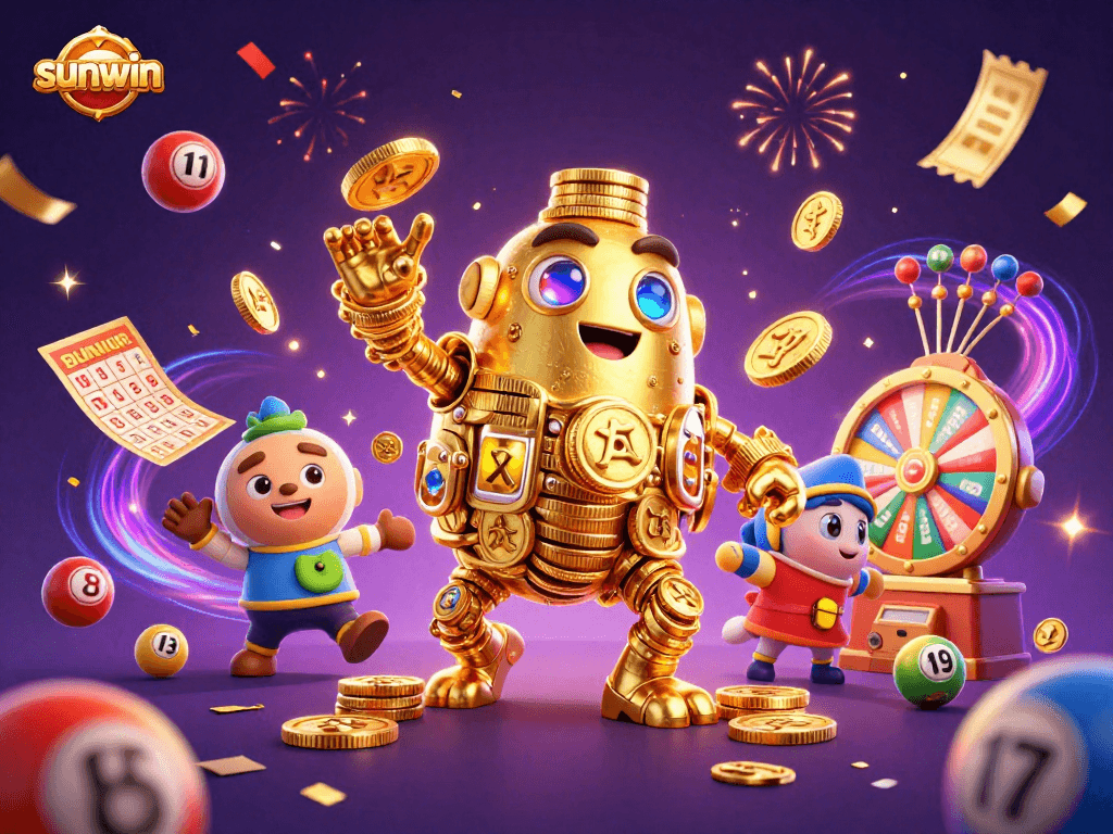Engage with sunwin's thrilling atmosphere featuring a golden golem and vibrant lottery elements.