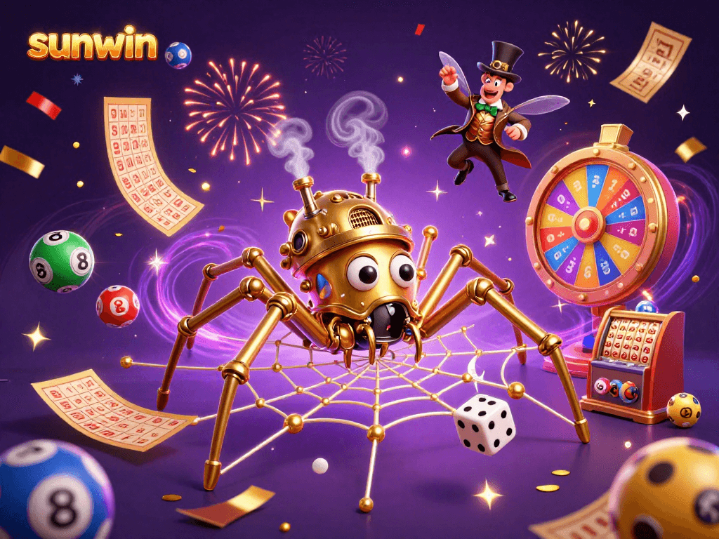 Experience dynamic lottery excitement with Sunwin's vibrant 3D steampunk spider and elements.