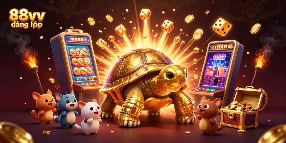 Engage with 88vv đăng nhập at an exciting casino scene featuring a lively golden tortoise and slot machine.