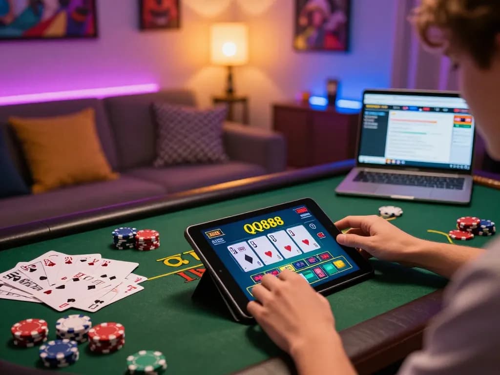Engaged player experiencing QQ888 live blackjack on tablet, showcasing strategic betting in cozy casino-themed space