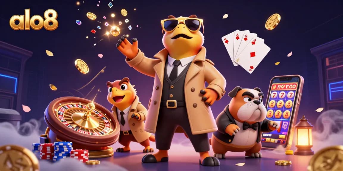 Experience the excitement of alo8 with raptors seeking a VIP casino entry, amidst cascading coins and a spinning roulette wheel.