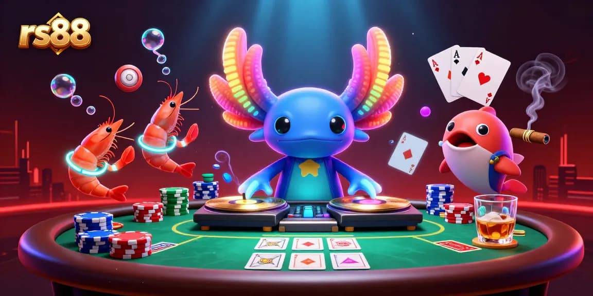 Experience vibrant gameplay at rs88 with colorful characters and poker elements in a dynamic casino scene.