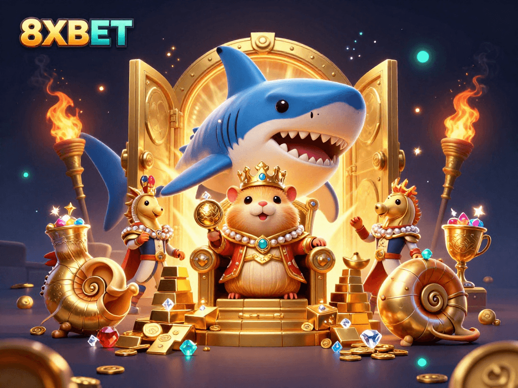 Experience the thrill of 8XBET with a fearless golden hamster king atop a megalodon throne amidst sparkling treasures