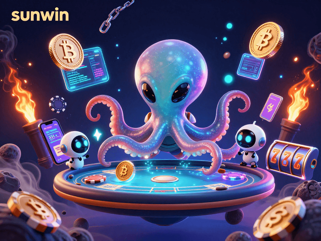 Experience the excitement of gambling with sunwin's alien octopus at a glowing poker table.