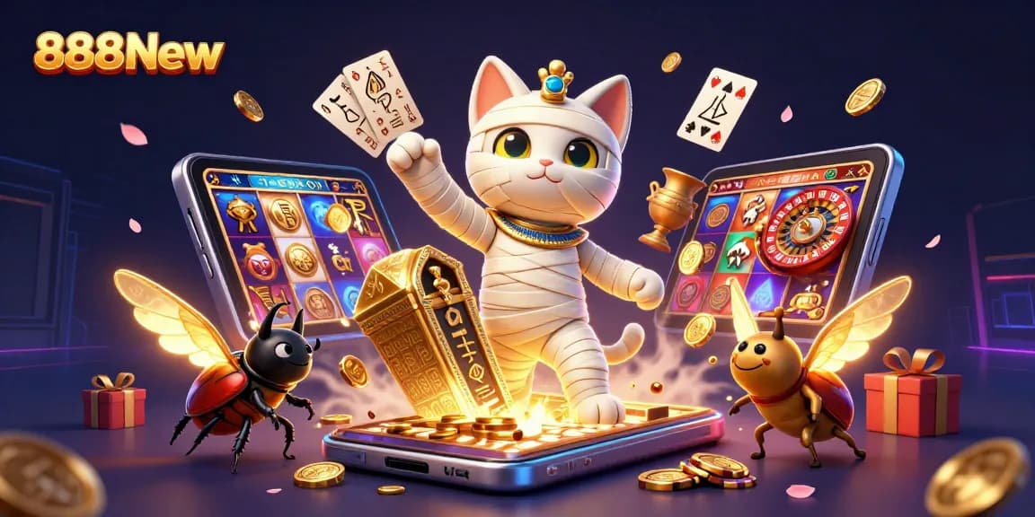 Win big at 888New featuring a cartoon mummy cat in a pyramid casino, bursting with action!