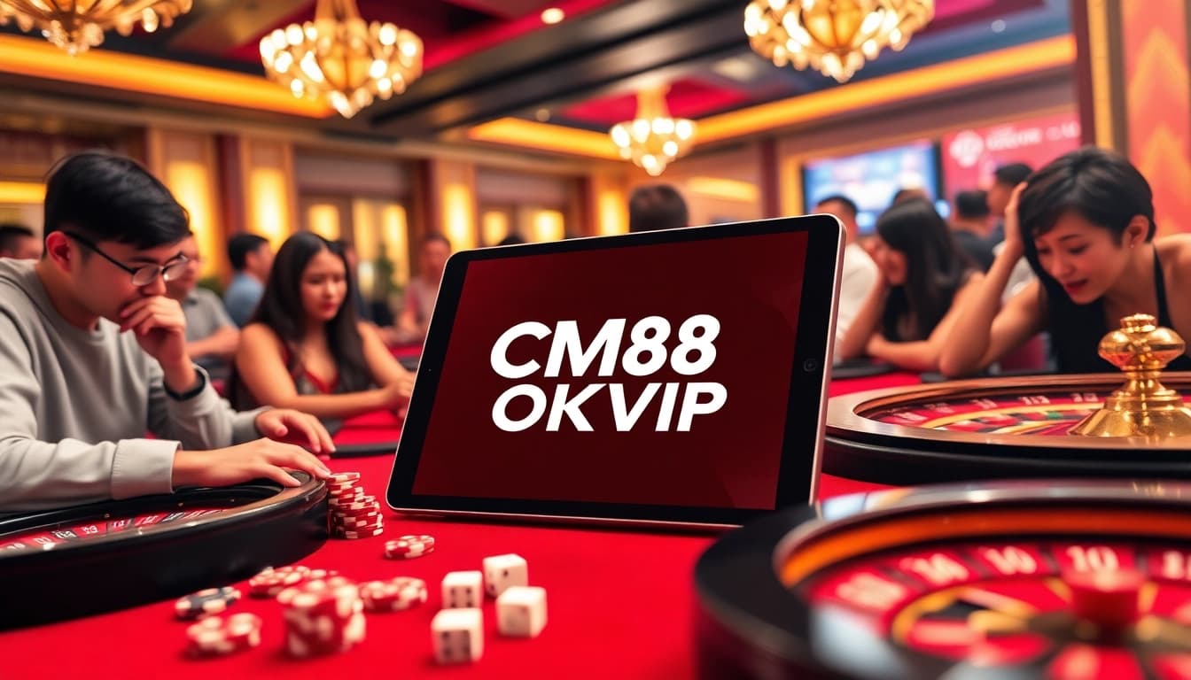 Engage in thrilling gameplay with CM88 OKVIP at an upscale casino, featuring poker chips and roulette wheels.