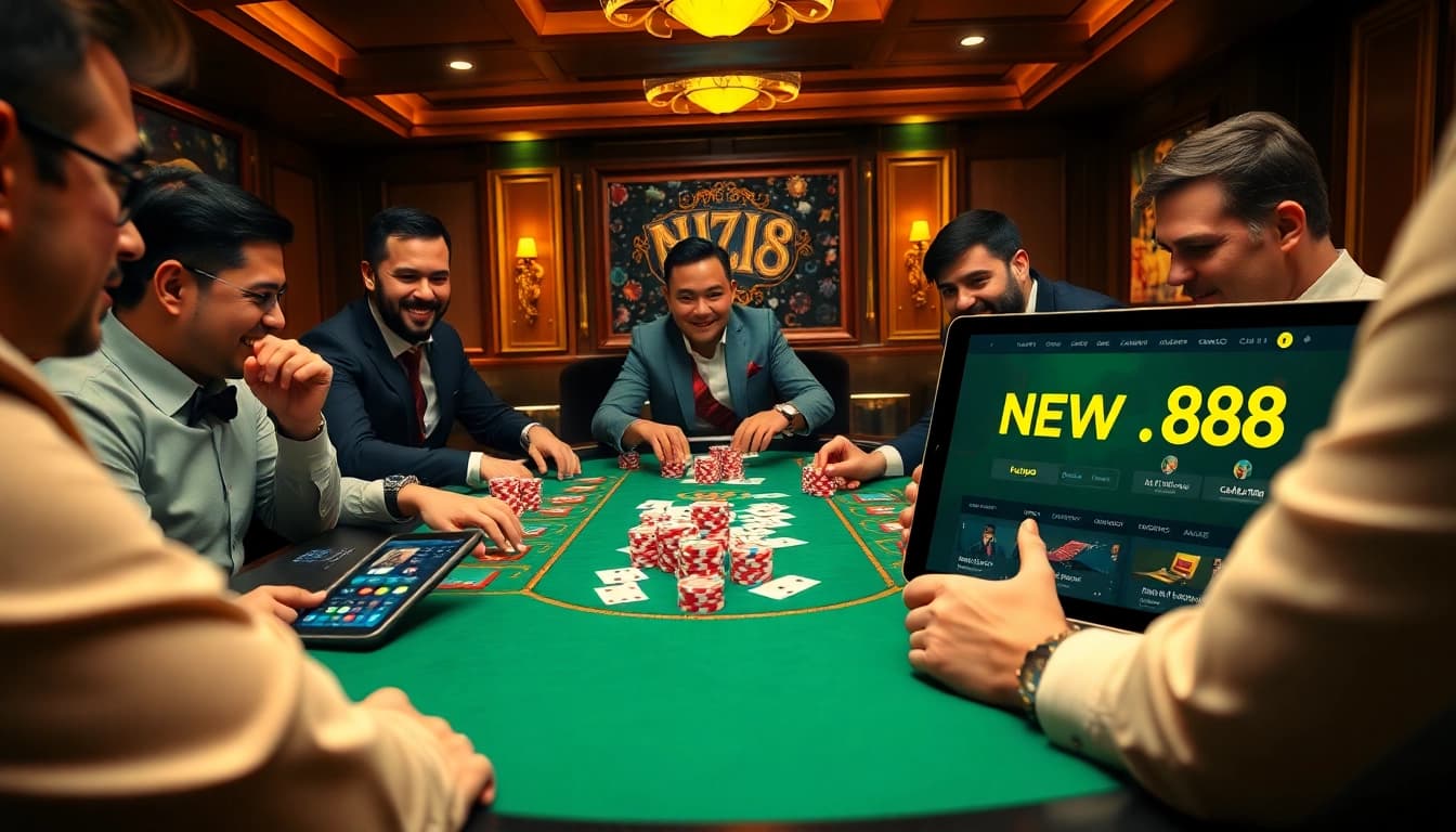Gamblers enjoying a vibrant casino experience at https://new88.pet/ with poker chips and cards.
