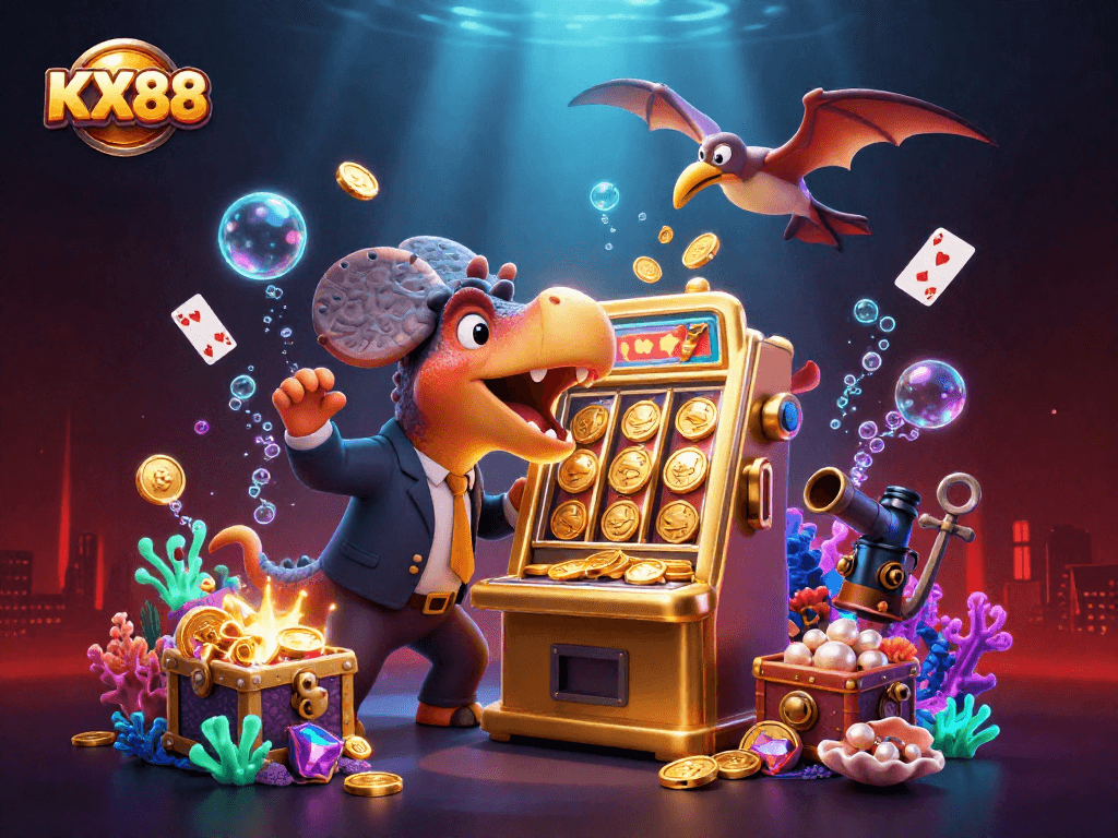 KX88 jackpots explode as cartoon dinosaurs interact with casino elements, captivating with dynamic action.