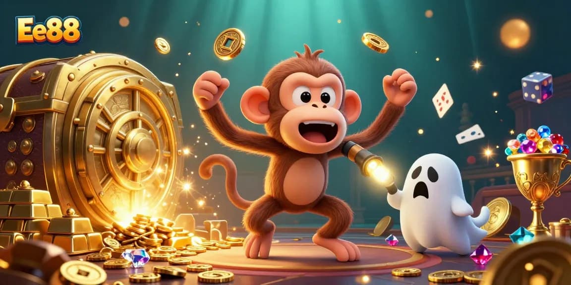 Experience Ee88's thrilling casino action with a mischievous monkey and ghost-hunter puppy in a vibrant 3D scene.