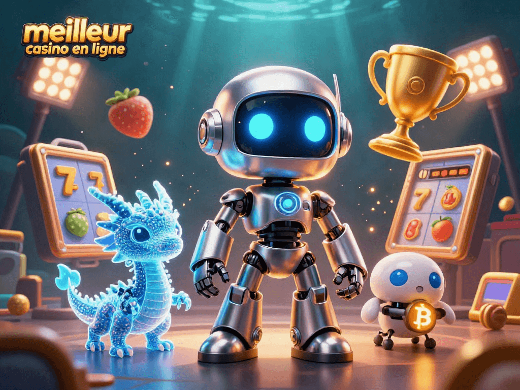 Plongez dans l'univers du meilleur casino en ligne avec des éléments de jeux animés et un robot futuriste.