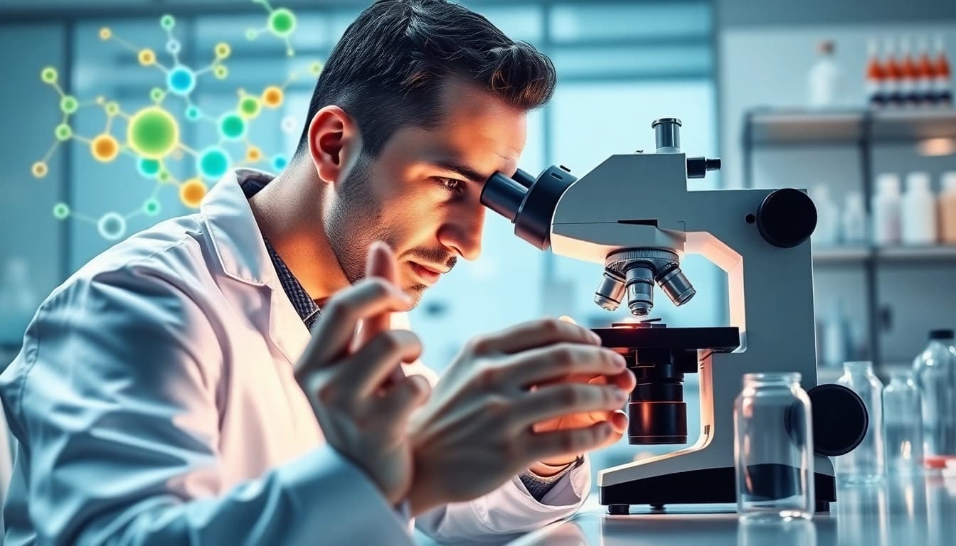 Analyze peptides under a microscope in a well-lit modern laboratory setting.