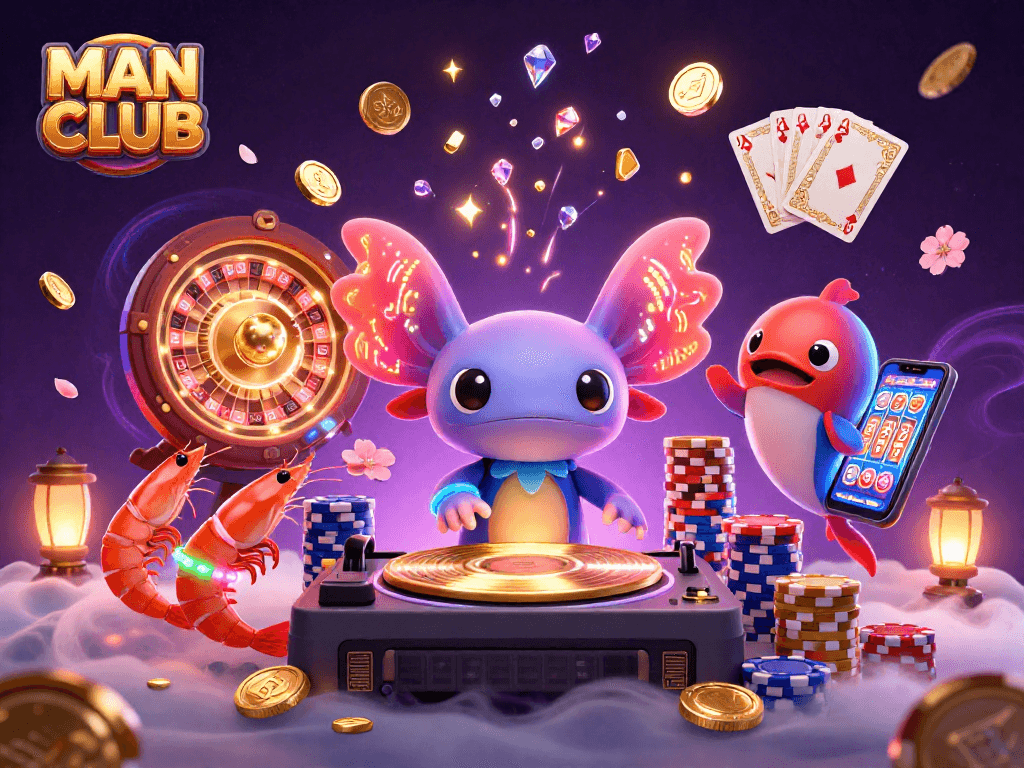 MAN CLUB showcases an energetic casino scene with a neon axolotl DJ amidst colorful gaming elements.