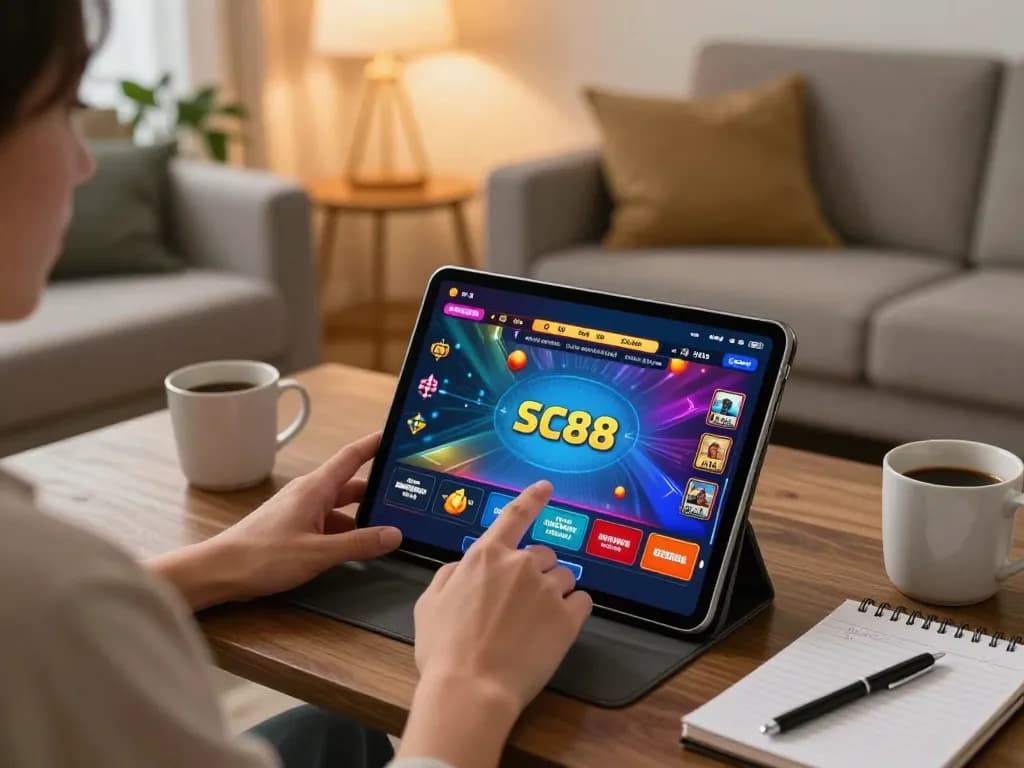 Playing SC88 casino app on a tablet in cozy home environment.