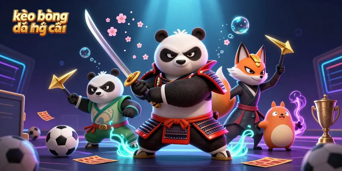 Engage with kèo bóng đá nhà cái through a colorful illustration of a samurai panda and ninja fox.