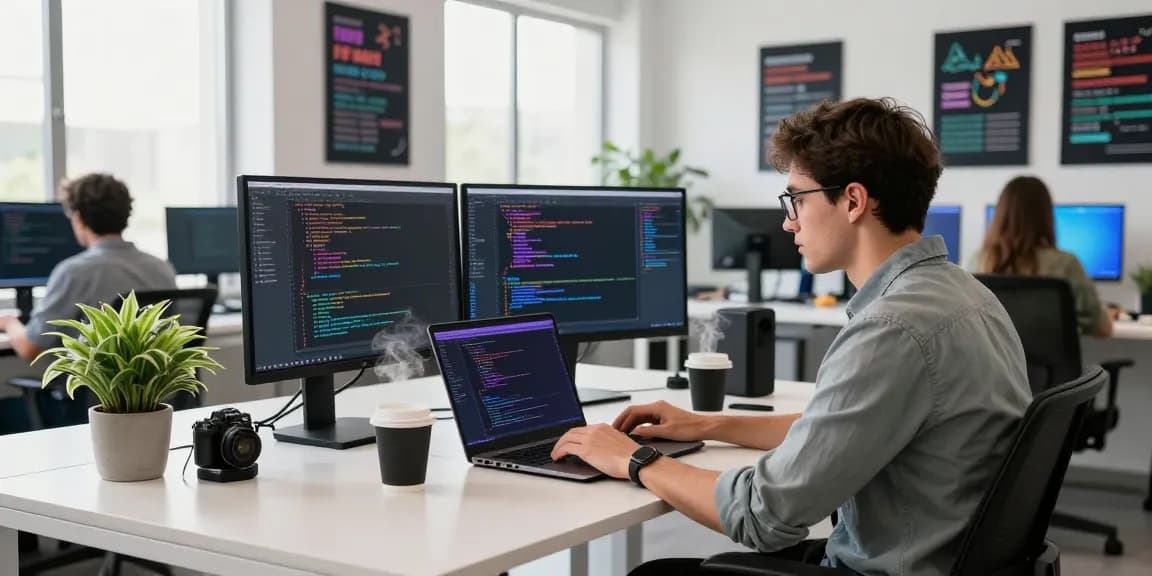 Focused software engineer coding at the WPS Official Website workspace, showcasing a modern tech setup with dual monitors.