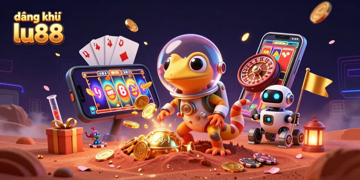 Experience đăng ký lu88 as a Martian gecko celebrates winnings in a golden casino scene.